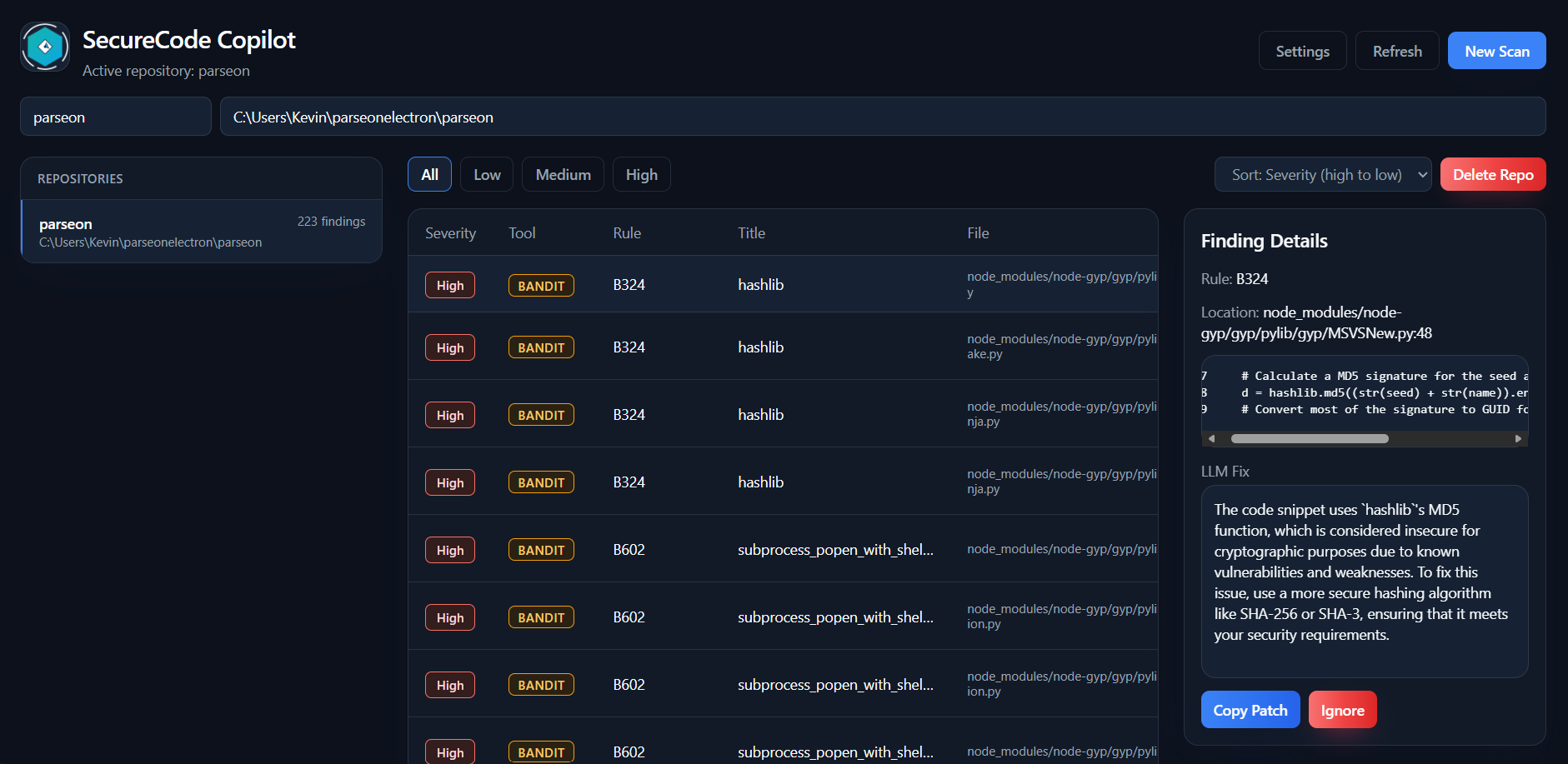 SecureCode Copilot app screenshot showing findings and AI suggestions